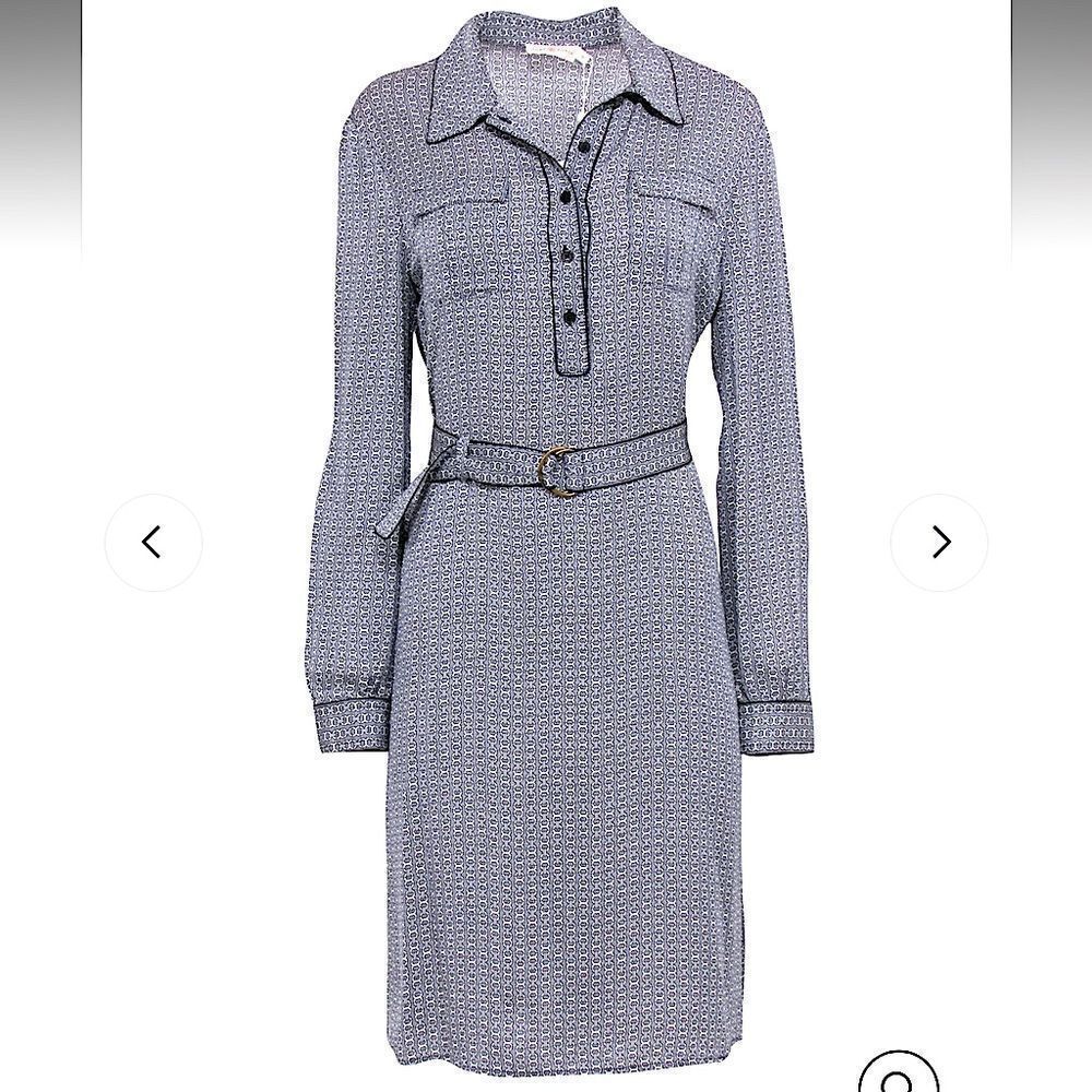Tory Burch Navy & White Chain Print Belted Silk Dress Sz. 2 EUC